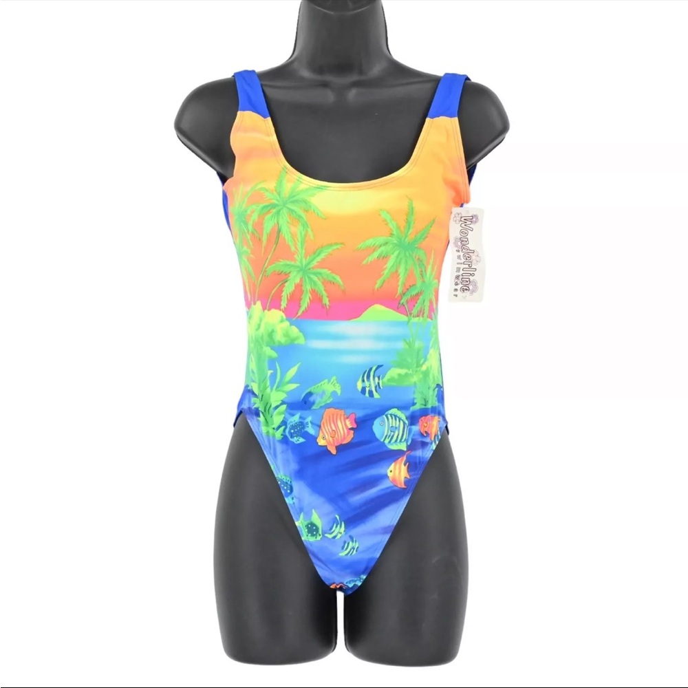 VTG 90s WONDERLINE Size L One Piece Swimsuit Tropical Fish Deadstock RUNS SMALL!
